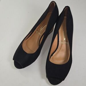 Vizzano Black Suede Peep Toe Wedge Heels Cork Platform Women Size 9 EUR 40